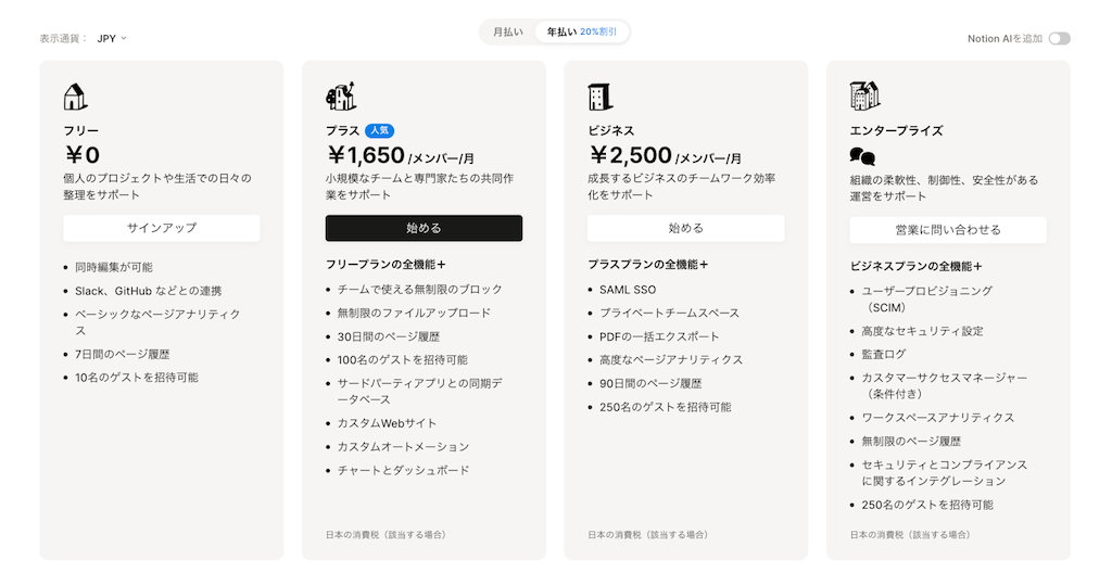 Notionの利用料金【プラン別】